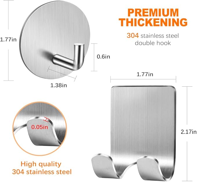2-Pack Razor Holder For Shower + 2-Pack Adhesive Wall Hooks, 304 Stainless Steel Self Adhesive Shower Razor Holder And Waterproof Sticky Hooks For Bathroom Kitchen Organize Towels, Clothes, Hats