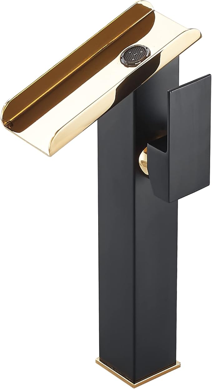 Bathroom Vessel Sink Faucet Black Gold Tall Spout Brass Waterfall Single Handle One Hole Bathroom Faucets Vanity Lavatory Bowl Sink Commercial Basin Water Supply Line Above Counter