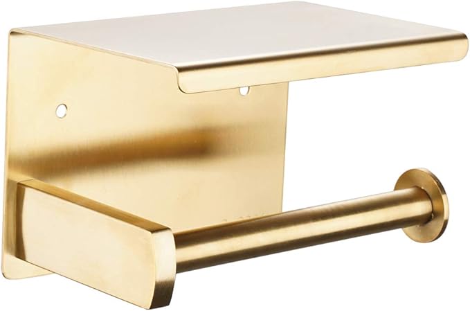 Adhesive Toilet Paper Holder with Shelf, SUS304 Stainless Steel Toilet Paper Roll Holder, Brushed Gold, No Drilling or Wall-Mounted with Screws