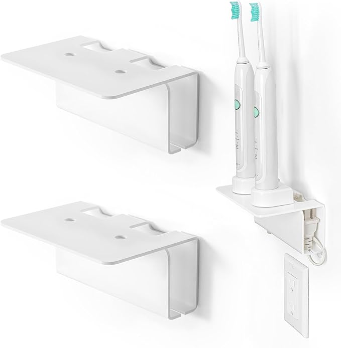 OAPRIRE Electric Toothbrush Holder Wall Mounted, 2 Pack Acrylic Electric Toothbrush Holder for Bathroom Come with Cable Organizer, Saving Space and Convenient Charging - White