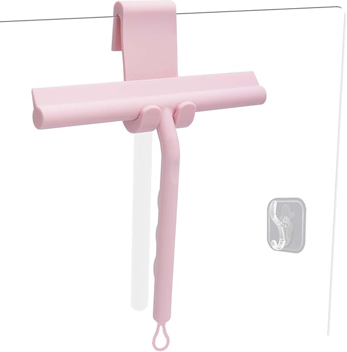 Squeegee for Shower Glass Doors, Resilient Loop - No-Drill & Adhesive Hook, Silicone Shower Squeegee with Stainless Steel Core, Cleaning Tool for Home, Kitchen, Bathroom & Car - Pink