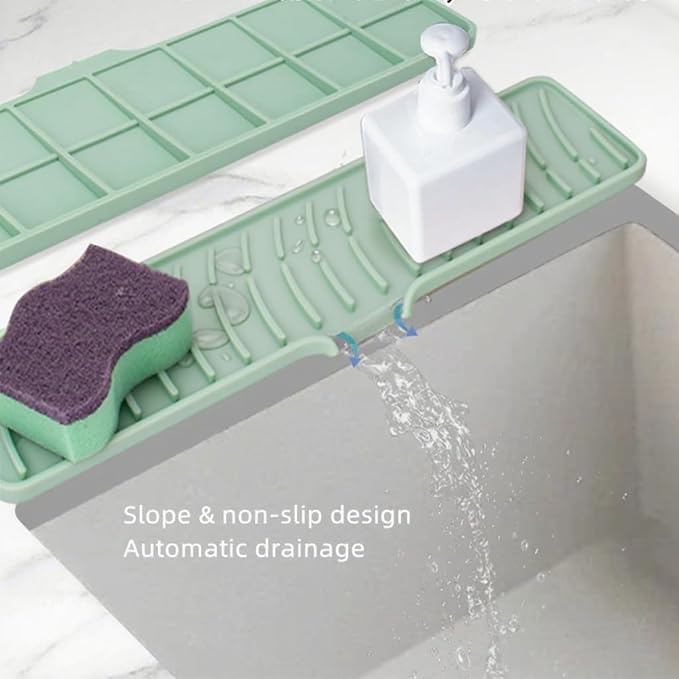 Silicone Faucet Mat for Kitchen Sink Bathroom Faucet Pad Sink Splash Guard Soap Sponge Holder Dish Drying Mat Double Side Available 2in1 Drainer Mat Heat-resistant 16.54x3.94in Green