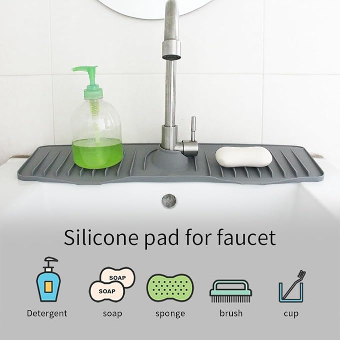 Silicone Sink Splash Guard 20 Inch Extended Ramp Kitchen Faucet Mat Bathroom Kitchen Sink Mat Non-Slip Splashproof Drying Mat Placemat (Marble, L（20" x 5.7"）)