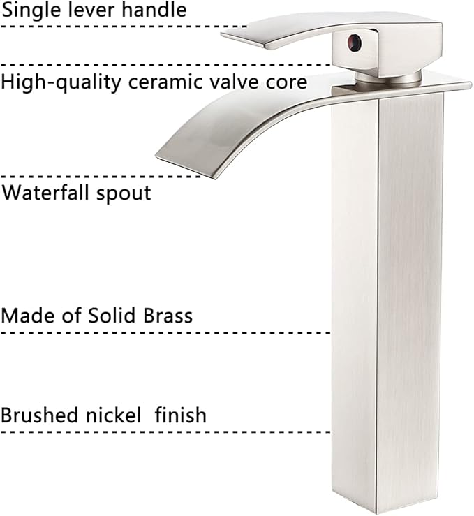 VOTON Vessel Sink Faucet Brushed Nickel Modern Tall Waterfall Bathroom Sink Faucet with Pop-Up Drain Single Handle Bathroom Faucet 1 Hole Bowl Lavatory Vanity Faucet, Rv Sink Camper Farmhouse Faucet