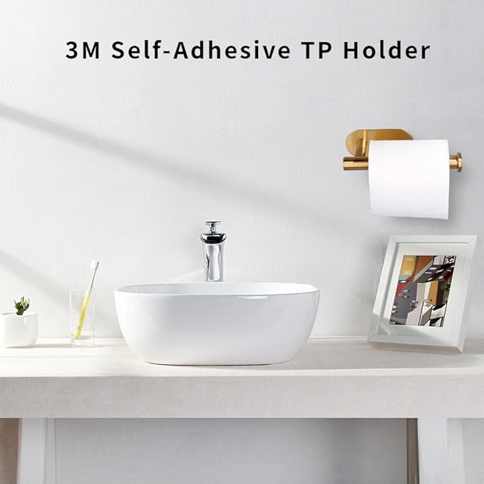 Bathroom Toilet Paper Holder,Self-Adhesive Toilet Paper Holder Roller Holder Stand Wall Mount Rustproof SUS304 Stainless Steel no Drilling Stick on Tissue Holder(1Pack,Brushed Gold)