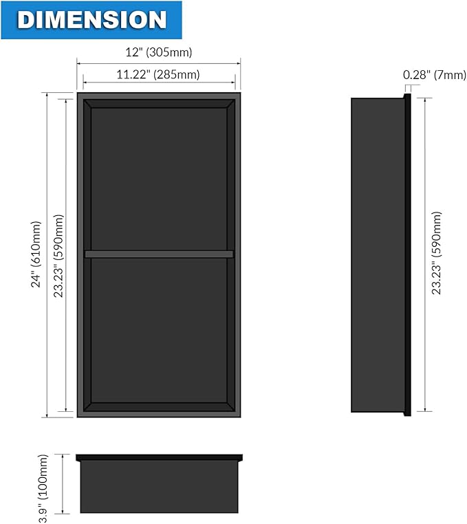 Shower Niche 12" X 24" Black, Stainless Steel Wall Niche Double Shelves Recessed Shower Shelf for Bathroom Storage, No Tile Needed Over Mount Installation