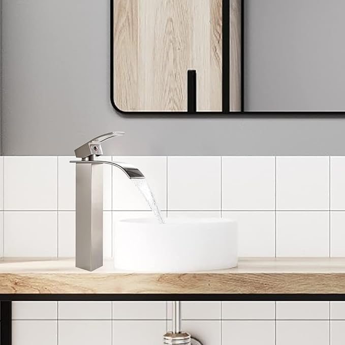 VOTON Vessel Sink Faucet Brushed Nickel Modern Tall Waterfall Bathroom Sink Faucet with Pop-Up Drain Single Handle Bathroom Faucet 1 Hole Bowl Lavatory Vanity Faucet, Rv Sink Camper Farmhouse Faucet