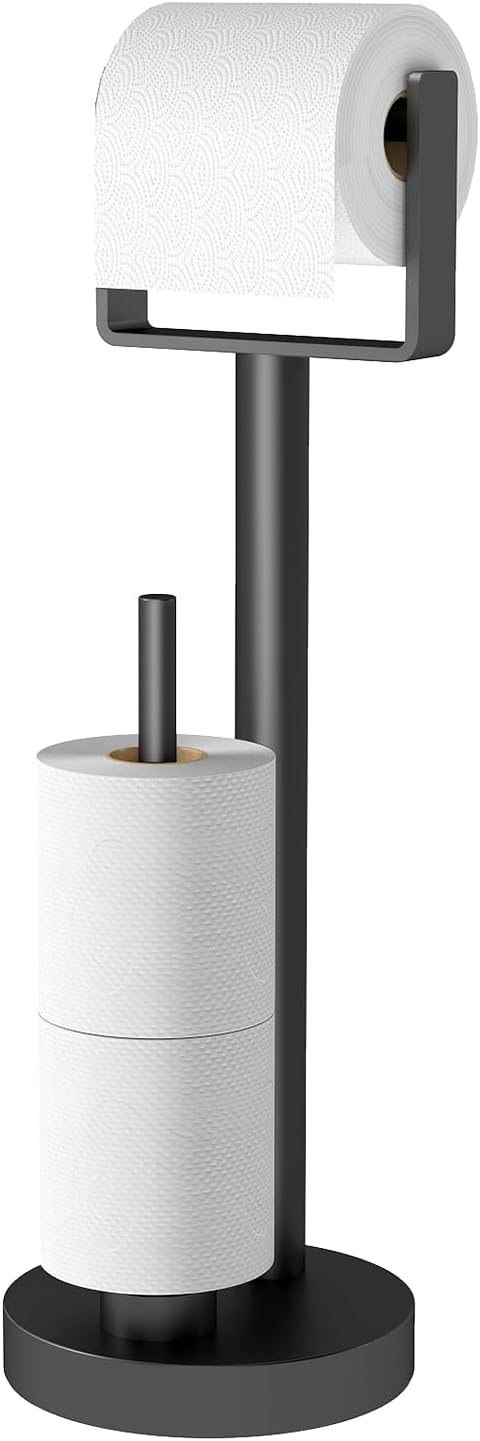 YUMORE Toilet Paper Holder Stand with Storage, Bathroom Weighted Base Floor Toilet Paper Roll Holder Free Standing for 3 Rolls, Matte Black