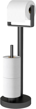 YUMORE Toilet Paper Holder Stand with Storage, Bathroom Weighted Base Floor Toilet Paper Roll Holder Free Standing for 3 Rolls, Matte Black