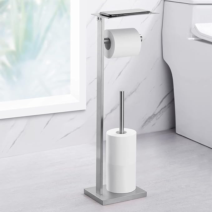Miyili Bathroom Lavatory Toilet Tissue Roll Holder Stainless Steel Freestanding Toilet Paper Holder with Shelf Square Style Brushed Finish, F04N2