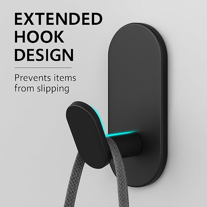 Adhesive Towel Hooks for Bathrooms 4 Pack Matte Black Stainless Steel and Zinc Alloy Sticky Wall Hooks for Hanging Heavy Duty Self Adhesive Robe Shower Hanger for Kitchen, Closet, Cabinet, Door