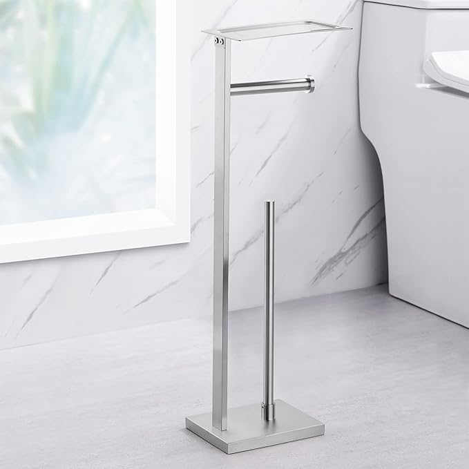 Miyili Bathroom Lavatory Toilet Tissue Roll Holder Stainless Steel Freestanding Toilet Paper Holder with Shelf Square Style Brushed Finish, F04N2