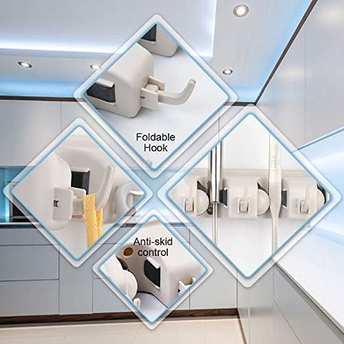 C-CHAIN Mop and Broom Holder, 5 Position with 6 Hooks Garage Storage Holds up to 11 Tools, Multipurpose Wall Mounted Tool Rack Organizer for Kitchen Garage, Shiny Black