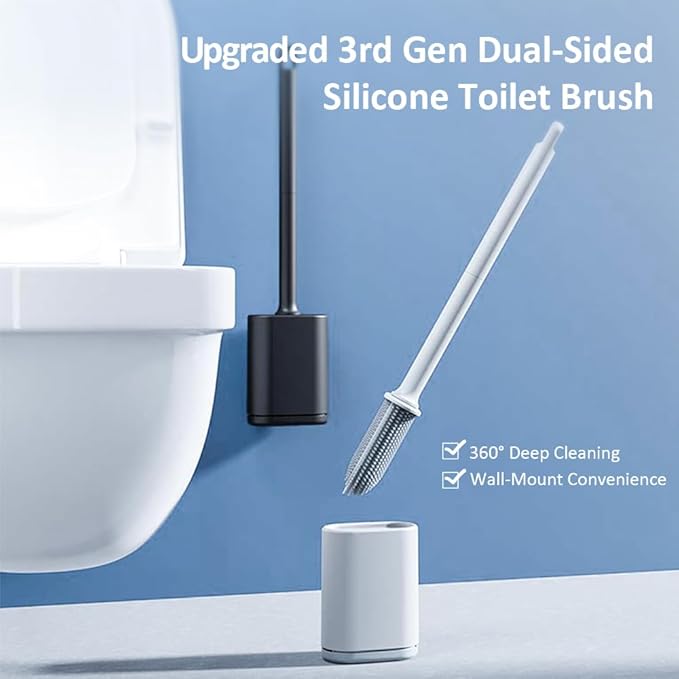 Dual-Sided RV Silicone Toilet Brush with TPR Bristles & Detachable ABS Handle Set, Wall Mountable Toilet Bowl Brush,Flexible Cleaners Brushes for 360°Deep Cleaning Bathroom/Camper (Gray‌)