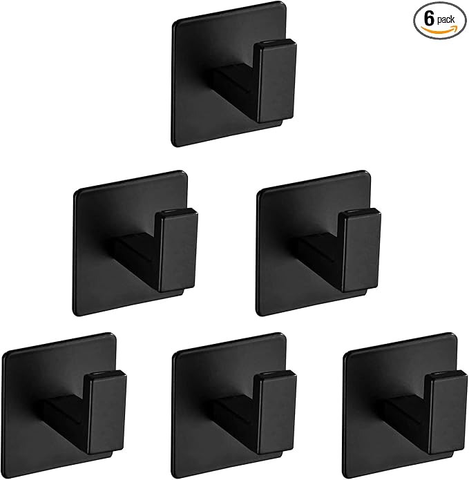 Bath Towel Hook,6 Pack Self Adhesive Square Coat Hooks, Sturdy No Drilling Robe Hook, Heavy Duty Aluminum Clothes Hanger, Wall Hooks for Bathroom Bedroom Kitchen (2 Inch,Black)