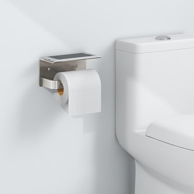 Toilet Paper Holder with Phone Shelf, Brushed Nickel Toilet Paper Holder Wall Mount, Rustproof Stainless Steel Bathroom Storage
