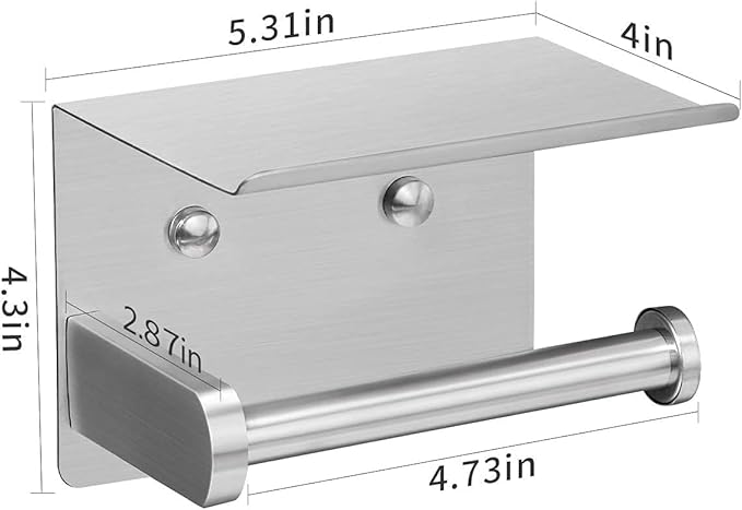 Adhesive Toilet Paper Holder with Phone Shelf Paper Tissue Holder Storage 304 Stainless Steel Wall Mounted Toilet Roll Holder Dispenser,Paper Holder with Shelf Bathroom Organizer(Brushed Nickel)