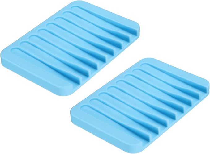 uxcell 2 Pcs Self Draining Silicone Soap Dish, Soap Tray with Drainage for Bathroom Shower Kitchen Sink, 4.5" x 3.1" x 0.4", Sky Blue