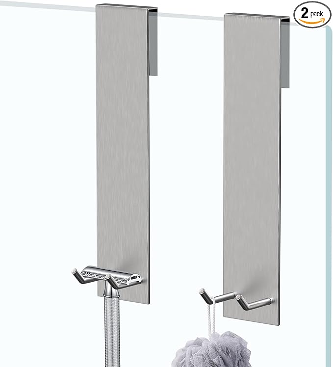 Shower Door Hook, Extended Length Frameless Shower Door Hook (7 Inches), Heavy-Duty Bathrobe Towel Stainless Steel Hook, No Drilling or Adhesive Required, 2-Pack, Silver