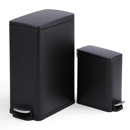 Garvee 12 Gal and 2.6 Gal Stainless Steel Trash Can Combo Set, Slim Garbage Can for Kitchen and Bathroom, Metal Trash Bin with Removable Inner Bucket & Step On Foot Pedal, Black