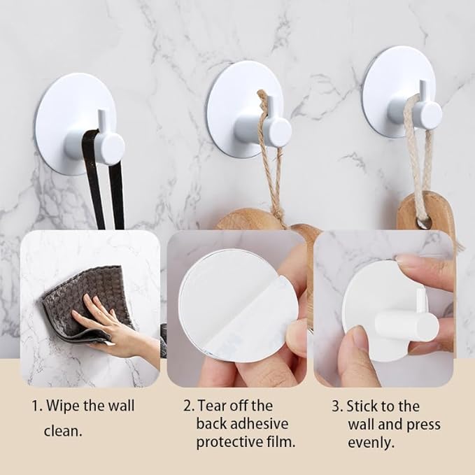 Miliocry 6 Packs Bathroom Towel Hooks, Adhesive Hooks Heavy Duty Wall Hook, Waterproof Stainless Steel Towel Hanger Robe Hat Coat Holder, Wall Mount Hooks for Bathroom,Bedroom,Kitchen (White-Round)