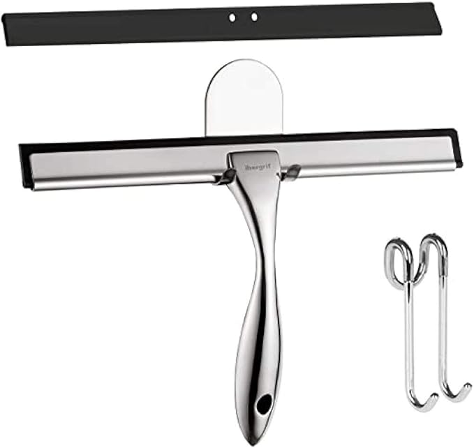 Ibergrif M34101 Shower Squeegees, Silicone Window Squeegee, Shower Cleaner for Window, Glass, Shower Door, Car Windshield, Include Shower Hooks, Stainless Steel