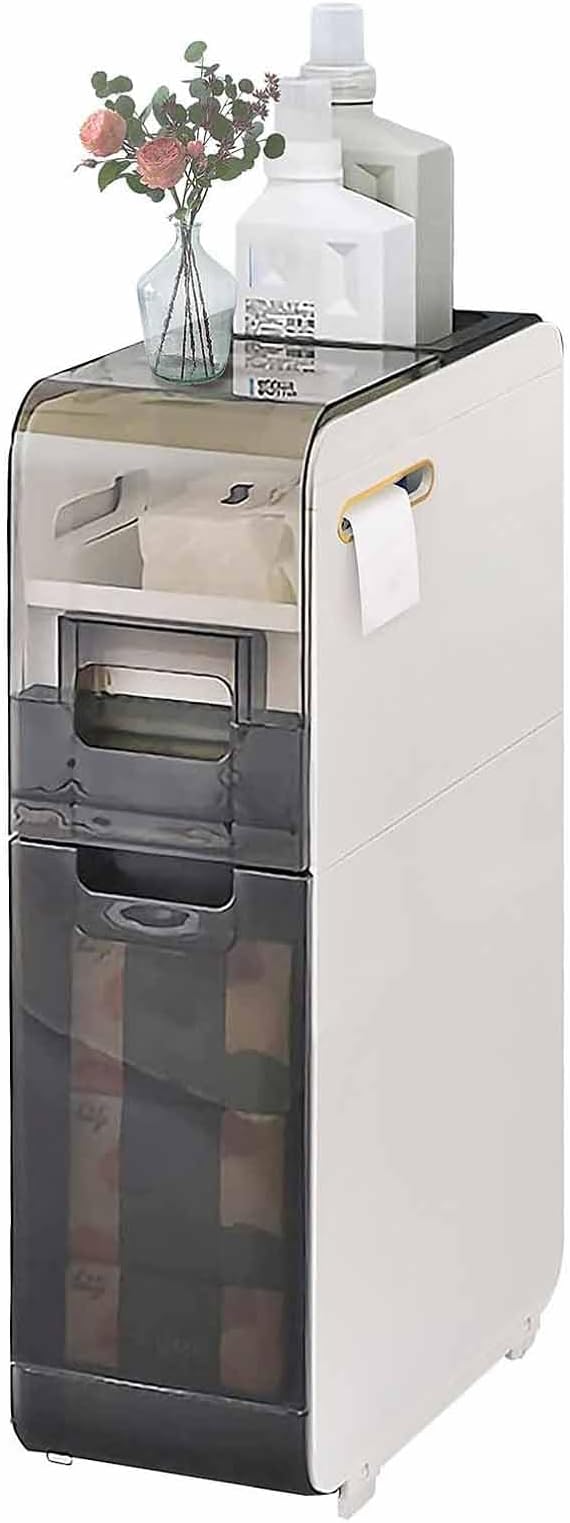 Plastic Bathroom Storage Cabinet Narrow Slim Gap Floor Organizer Side Unit Rolling Waterproof Toilet Paper Holder with Drawers and Handle for Small Kitchen Laundry, 2 Layers