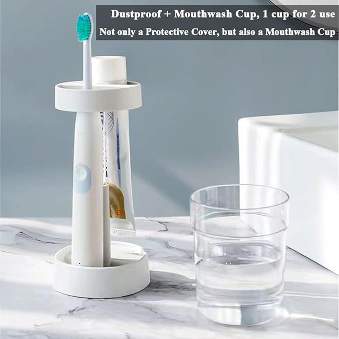 1 Pack Toothbrush Holder Stand with Cover/Cup & 2 Slots, Height Adjustable Electric Toothbrush Holders for Bathrooms, Compatible with Toothpaste, Conventional or Electric Toothbrushes Storage