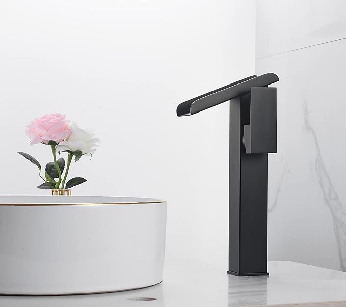 Waterfall Vessel Sink Faucet Bathroom Black Single Hole One Handle Brass Bowl Sink Faucets with Supply Line Deck Mounted Tall Lavatory Vanity Basin Tap Pedestal Commercial