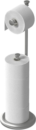 Free Standing Toilet Paper Holder Stand Brushed Nickel Toilet Roll Stand Bathroom Tissue Rack with Storage Reserves 5 Mega Rolls