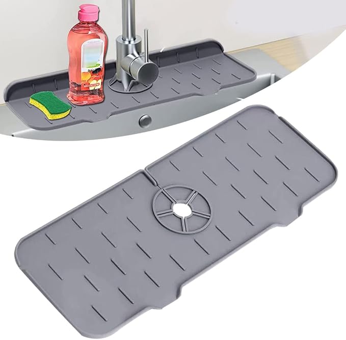 Silicone Faucet Sink Mat Sink Splash Guard, Sink Drain Pad Behind Faucet, Bathroom Drip Protector Splashback Countertop Protection Faucet Handle drip Catcher (Grey 1pcs)