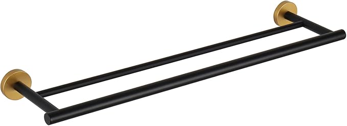 GERZWY 24-Inch Bath Double Towel Bar Stainless Steel Modern Round Style Bath Hand Towel Rack Wall Mount Black & Gold