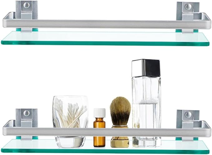 2-Pack Tempered Glass Bathroom Shelf with Rail, 15" x 4.5" Rectangular Shower Caddy, Wall Mounted Floating Shampoo Holder for Lavatory, Kitchen, Living Room