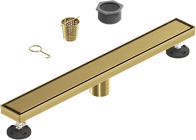 24-Inch Linear Shower Floor Drain, Stainless Steel Bathroom Floor Drains, Rectangular Shower Trench Floor Drain, Hair Strainer, Brushed Gold