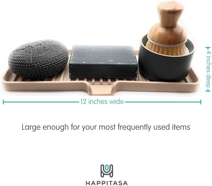 Happitasa Silicone Soap Dish Tray and Sponge Holder with Drain Chute | Bathroom and Kitchen Sink Organizer Caddy (Light Grey, 12"x4", 7.4 Ounces)
