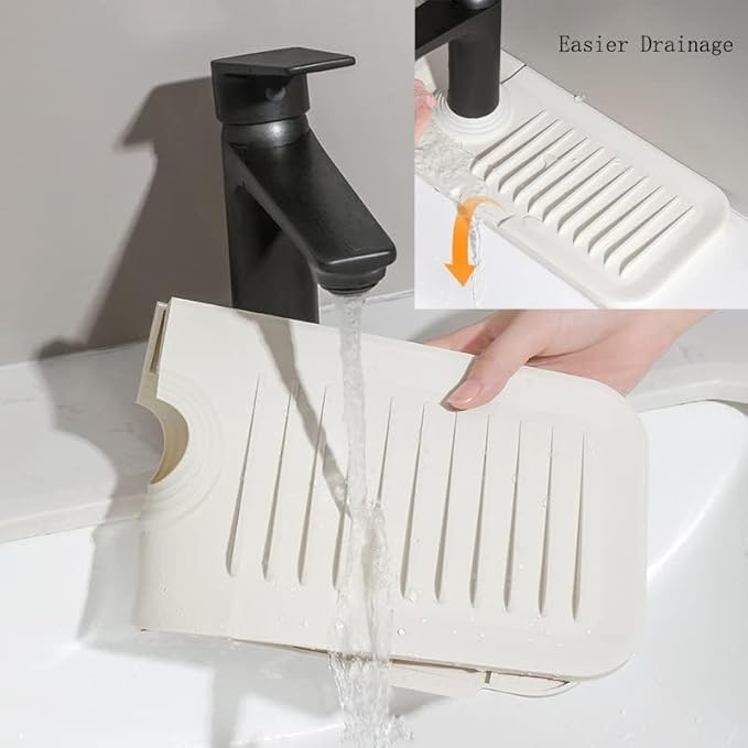 Silicone Faucet Splash Guard Mat, Self-Draining Drip Catcher Tray for Kitchen & Bathroom Sink, Soap Sponge Holder, Countertop Protector for Faucet Base (White, Large)