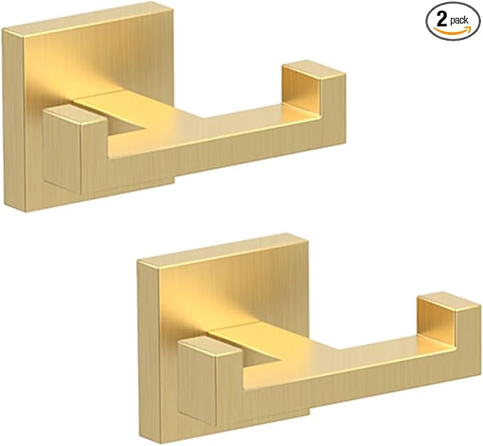 BOZWELL Double Towel Hooks for Bathroom Light Brushed Gold Wall Mount，2 Pack Modern Square Style Coat Robe Hook，Stainless Steel Heavy Duty Door Hanger for Bathroom Bedroom Kitchen Hotel Pool 1502-G-2