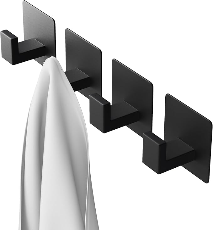 PMMASTO Adhesive Hooks Towel Hooks - 2 Pack Aluminum Wall Hooks Towel Hanger Shower Hook for Bathroom, Bedroom and Kitchen-Black