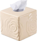 Beige Ceramic Cube Tissue Box Cover with Rose – Large Elegant Rose Floral Square Decorative Tissue Box Holder for Bathroom, Bedroom, Office Desk, Kitchen Counter – Perfect Housewarming Gift