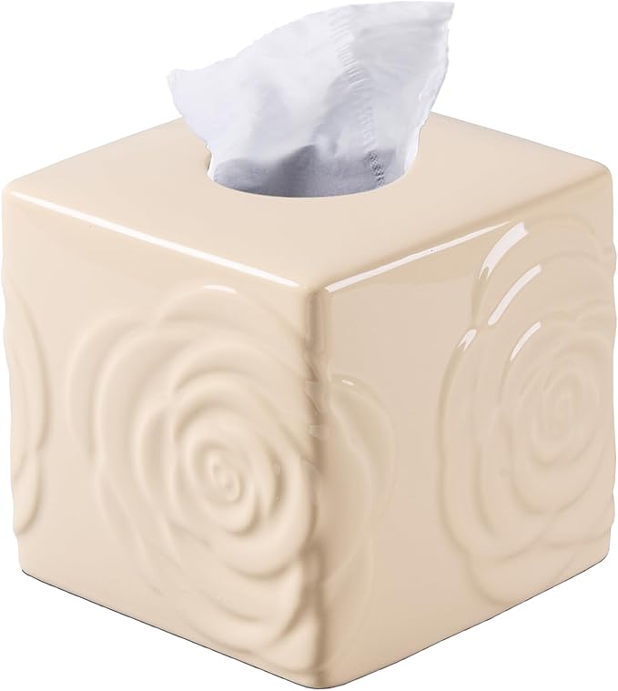 Beige Ceramic Cube Tissue Box Cover with Rose – Large Elegant Rose Floral Square Decorative Tissue Box Holder for Bathroom, Bedroom, Office Desk, Kitchen Counter – Perfect Housewarming Gift
