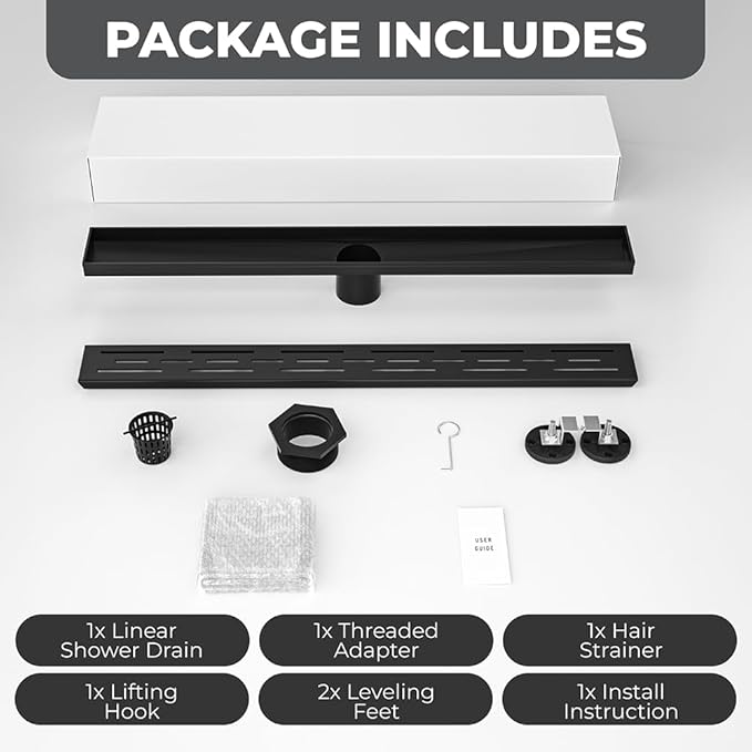 36 Inch Rectangular Linear Shower Drain Set with Brick Pattern Grate, 304 Stainless Steel Bathroom Floor Drain with Hair Catcher, Shower Floor Drain Includes Adjustable Leveling Feet