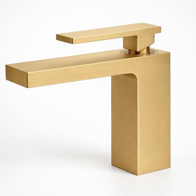 Single Hole Bathroom Faucet， Brushed Gold Brass Faucet for Bathroom Sink, CUPC Hose, Pop-Up Drain & Anti-Splash Bubbler， Easy-Install for Farmhouse, RV & Vanity