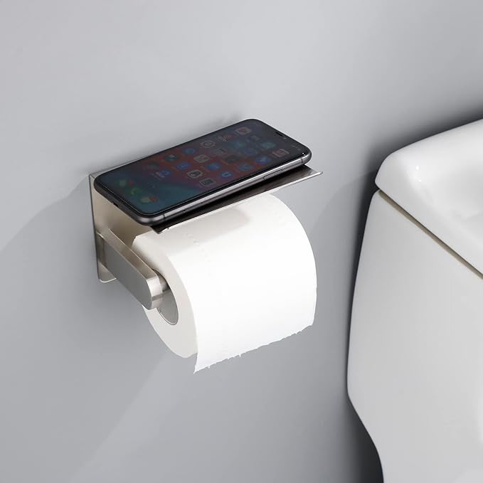 Adhesive Toilet Paper Holder with Phone Shelf Paper Tissue Holder Storage 304 Stainless Steel Wall Mounted Toilet Roll Holder Dispenser,Paper Holder with Shelf Bathroom Organizer(Brushed Nickel)