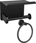 1pcs Toilet Paper Holder with Shelf and 1pcs Towel Ring Set, Matte Black Stainless Steel Bathroom Hardware Set