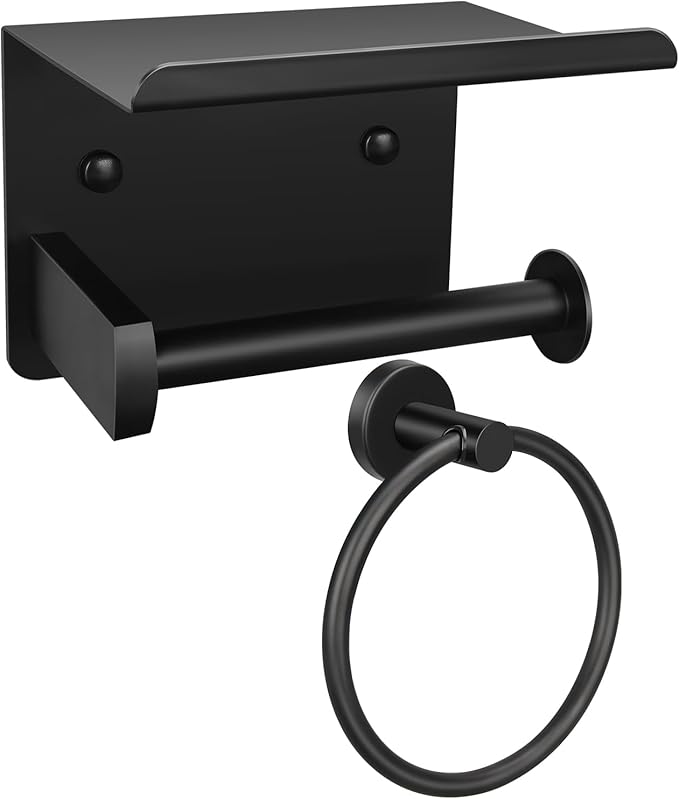 1pcs Toilet Paper Holder with Shelf and 1pcs Towel Ring Set, Matte Black Stainless Steel Bathroom Hardware Set