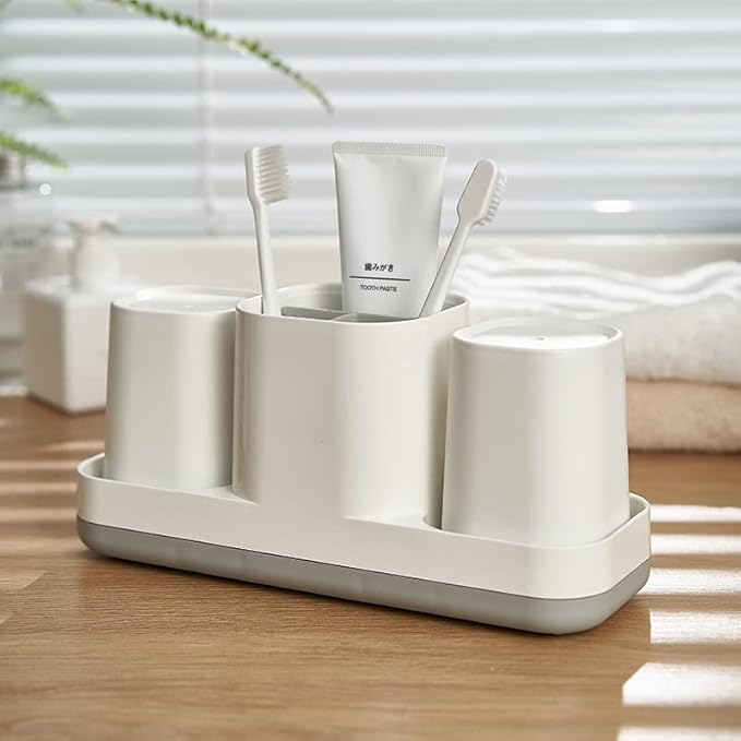 Toothbrush Holders for Bathrooms,Kids Electric Toothbrush Holder with Cup and Toothpaste Holder,Bathroom Organizer Storage Set with 2 Cups,Bathroom Accessories Storage for Toothpaste Razor-White
