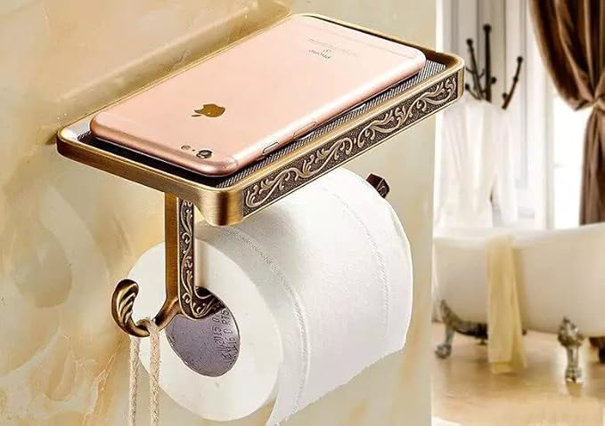 Vintage Carved Floral Toilet Paper Holder with Shelf - Antique Brass Finish Aluminum Bathroom Organizer, Wall Mounted Decorative Roll Holder for Bathroom/Vanity (7.24" Phone Shelf)