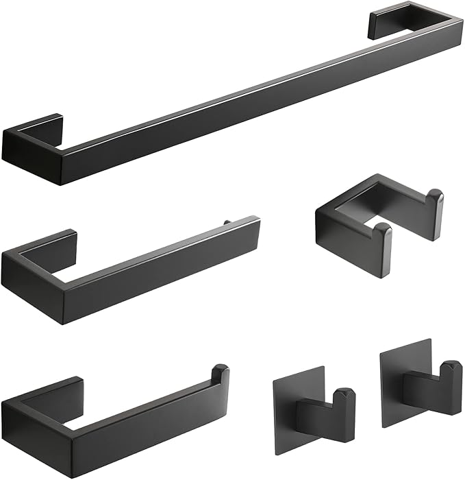 Fapully 23.6-Inch 6 Piece Bathroom Hardware Accessories Set Stainless Steel Wall Mounted Matte Black Include Towel Bar,Hand Towel Holder,Toilet Paper Holder,Robe Towel Hook,Coat Hook,Towel bar Set.