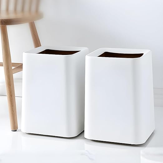 2 Pack Square Modern Trash Can Bedroom, 3Gal/12L Bathroom Trash Can Hidden Bag, Open Top Trash Bin Square Plastic, Minimalist White Garbage Can with Inner Bucket (with 2 Handles) for Kitchen Office