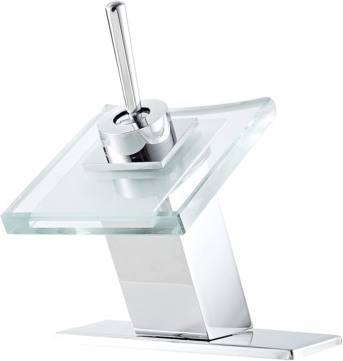 Bathroom Sink Faucet Waterfall Glass Spout Single Handle Chrome Bathroom Faucet One Hole Modern Lavatory Vanity Basin Sink Mixer Tap with Hole Cover Plate Deck Mount